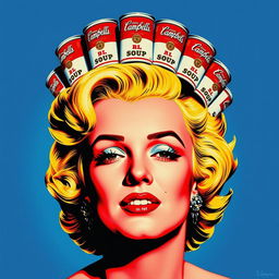 A vibrant pop art-style portrait of Marilyn Monroe, featured with a crown made entirely of Campbell's Soup cans resting on her head