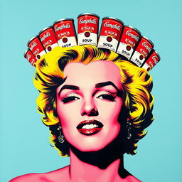 A vibrant pop art-style portrait of Marilyn Monroe, featured with a crown made entirely of Campbell's Soup cans resting on her head