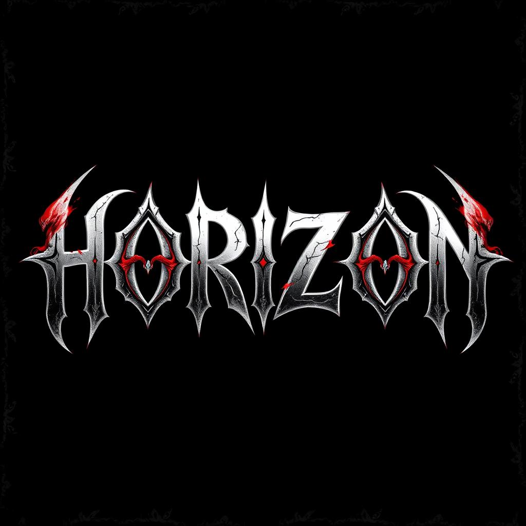 A dynamic metal band logo featuring the word 'HORIZON' crafted in a bold gothic font, intricately designed with elements of demon and hell imagery