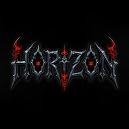 A dynamic metal band logo featuring the word 'HORIZON' crafted in a bold gothic font, intricately designed with elements of demon and hell imagery