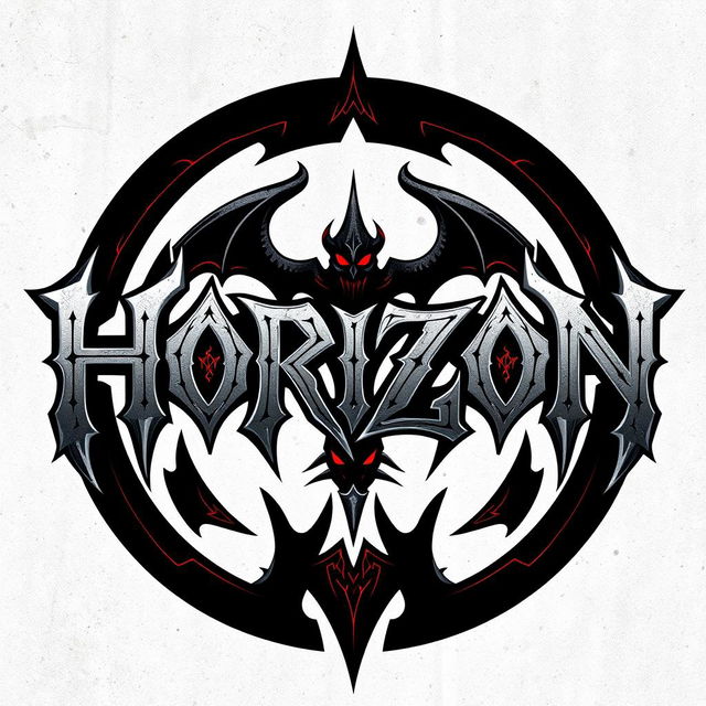 A dynamic metal band logo featuring the word 'HORIZON' crafted in a bold gothic font, intricately designed with elements of demon and hell imagery