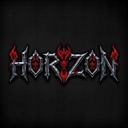 A dynamic metal band logo featuring the word 'HORIZON' crafted in a bold gothic font, intricately designed with elements of demon and hell imagery