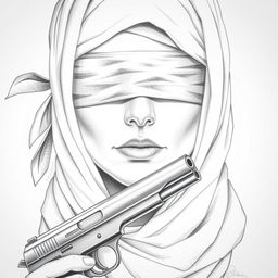 A pencil drawing of a woman's face featuring a scarf covering her hair and neck, her eyes are blindfolded