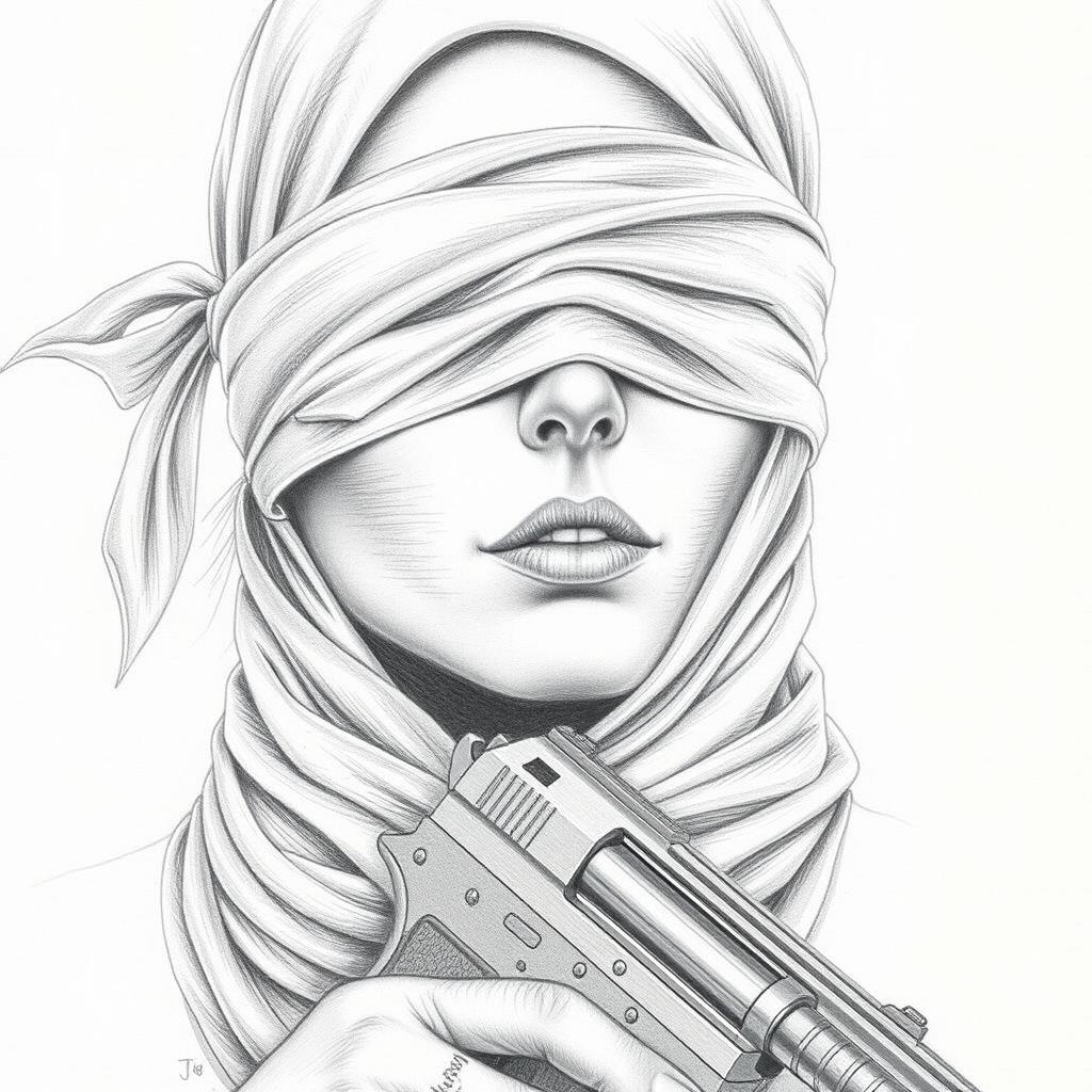A pencil drawing of a woman's face featuring a scarf covering her hair and neck, her eyes are blindfolded