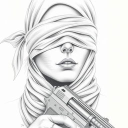 A pencil drawing of a woman's face featuring a scarf covering her hair and neck, her eyes are blindfolded