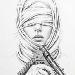 A pencil drawing of a woman's face featuring a scarf covering her hair and neck, her eyes are blindfolded