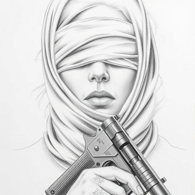 A pencil drawing of a woman's face featuring a scarf covering her hair and neck, her eyes are blindfolded