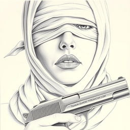A pencil drawing of a woman's face featuring a scarf covering her hair and neck, her eyes are blindfolded