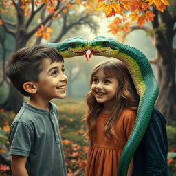 A surreal and imaginative scene featuring two boys and two girls with large, vibrant snakes emerging from their eyes, creating an expressive and fantastical visual