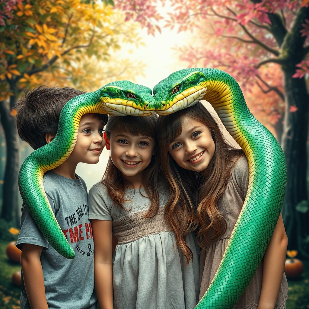 A surreal and imaginative scene featuring two boys and two girls with large, vibrant snakes emerging from their eyes, creating an expressive and fantastical visual