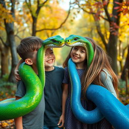 A surreal and imaginative scene featuring two boys and two girls with large, vibrant snakes emerging from their eyes, creating an expressive and fantastical visual