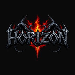 A powerful metal band logo featuring the word 'HORIZON' crafted in a fierce death metal font, characterized by jagged edges and aggressive styling