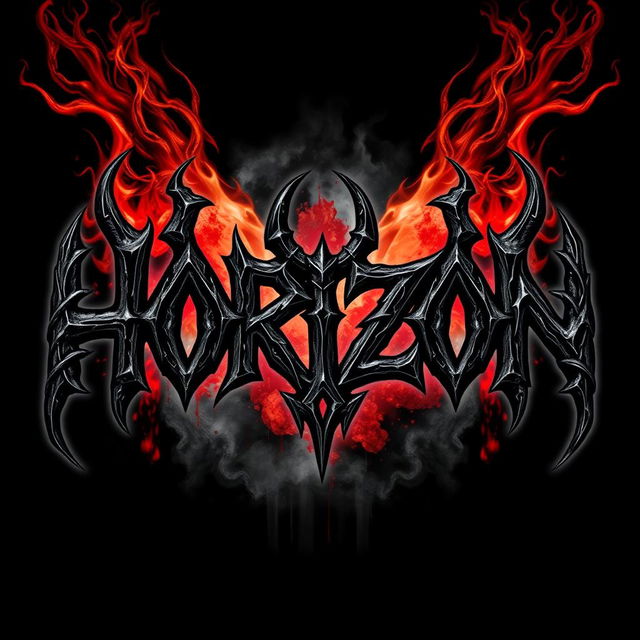 A powerful metal band logo featuring the word 'HORIZON' crafted in a fierce death metal font, characterized by jagged edges and aggressive styling