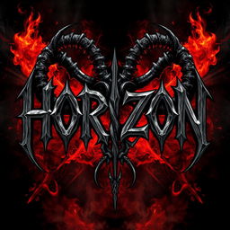 A powerful metal band logo featuring the word 'HORIZON' crafted in a fierce death metal font, characterized by jagged edges and aggressive styling