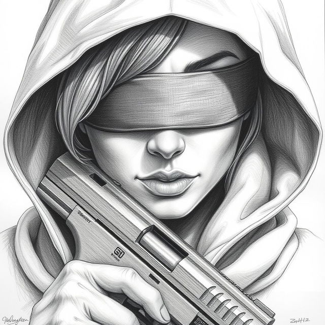 A detailed pencil drawing of a woman's face partially obscured by a hood that covers her hair and neck