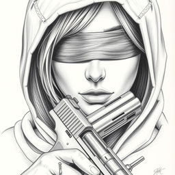 A detailed pencil drawing of a woman's face partially obscured by a hood that covers her hair and neck