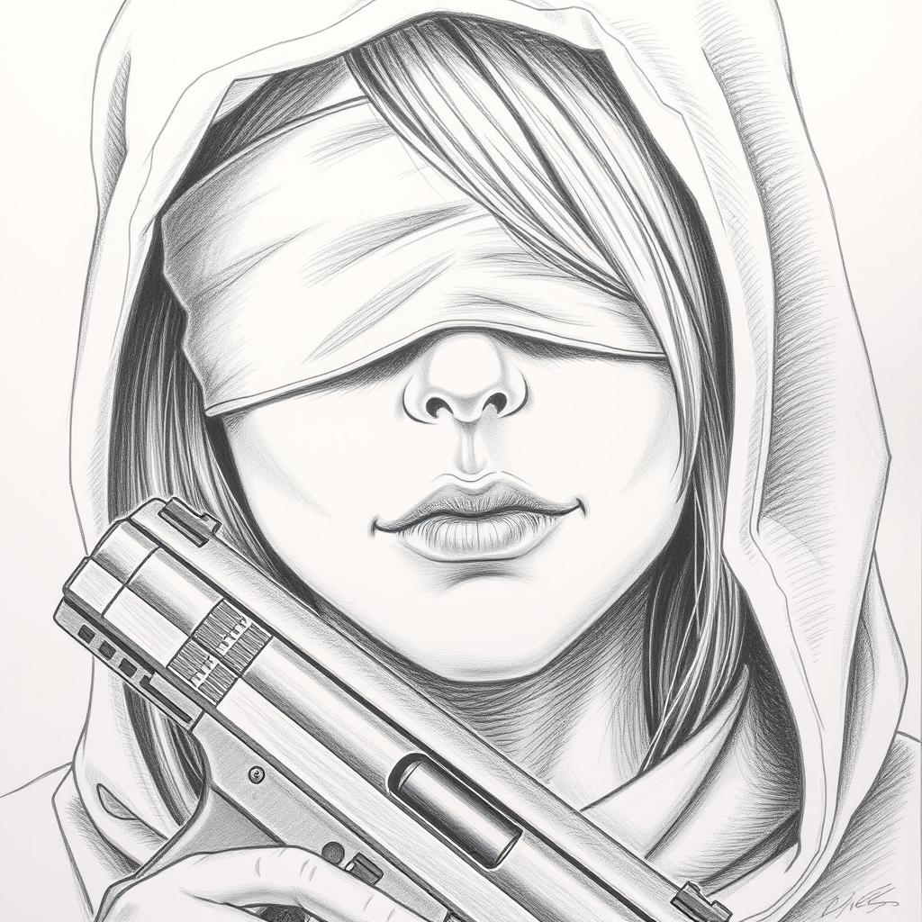 A detailed pencil drawing of a woman's face partially obscured by a hood that covers her hair and neck