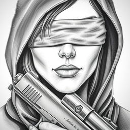 A detailed pencil drawing of a woman's face partially obscured by a hood that covers her hair and neck
