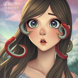 A surreal illustration of a girl with long flowing hair, her eyes wide open and a snake emerging from each eye, weaving and curling gracefully as it slithers downward