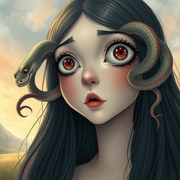 A surreal illustration of a girl with long flowing hair, her eyes wide open and a snake emerging from each eye, weaving and curling gracefully as it slithers downward