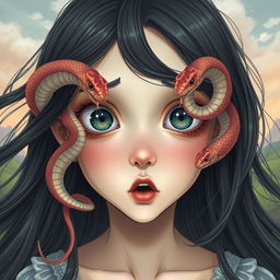 A surreal illustration of a girl with long flowing hair, her eyes wide open and a snake emerging from each eye, weaving and curling gracefully as it slithers downward