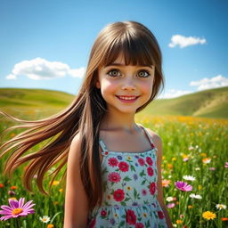 A girl with long flowing brunette hair, bright hazel eyes, and a warm smile, wearing a summer dress adorned with floral patterns