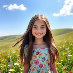 A girl with long flowing brunette hair, bright hazel eyes, and a warm smile, wearing a summer dress adorned with floral patterns
