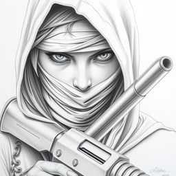 A pencil drawing of a woman's face partially obscured by a hood that covers her head and neck, her eyes wrapped in a dirty bandage, conveying a sense of mystery and intensity