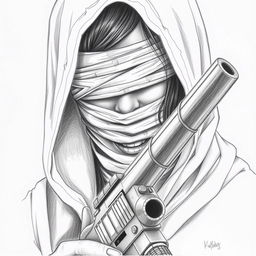 A pencil drawing of a woman's face partially obscured by a hood that covers her head and neck, her eyes wrapped in a dirty bandage, conveying a sense of mystery and intensity