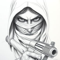 A pencil drawing of a woman's face partially obscured by a hood that covers her head and neck, her eyes wrapped in a dirty bandage, conveying a sense of mystery and intensity