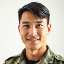 A close-up portrait of a soldier with fine black hair and a gentle smile, set against a clean white background