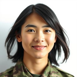 A close-up portrait of a soldier with fine black hair and a gentle smile, set against a clean white background