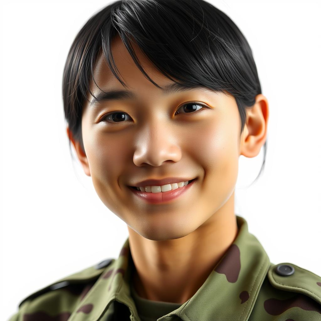 A close-up portrait of a soldier with fine black hair and a gentle smile, set against a clean white background