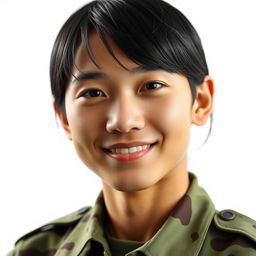 A close-up portrait of a soldier with fine black hair and a gentle smile, set against a clean white background
