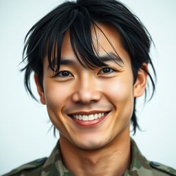 A close-up portrait of a soldier with fine black hair and a gentle smile, set against a clean white background