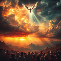 A dramatic depiction of the Day of Judgment, featuring a celestial scene with a fiery sky and dark storm clouds
