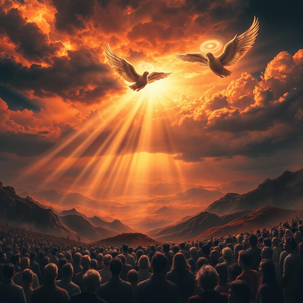 A dramatic depiction of the Day of Judgment, featuring a celestial scene with a fiery sky and dark storm clouds