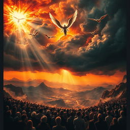 A dramatic depiction of the Day of Judgment, featuring a celestial scene with a fiery sky and dark storm clouds