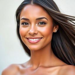 A beautiful portrait of a woman with a straight neck and a bright, radiant face