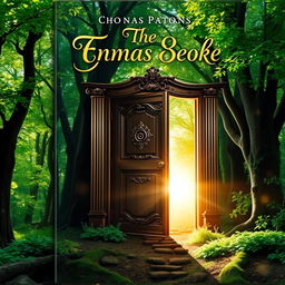 A stunning book cover design featuring an enchanted forest with vibrant green trees, dappled sunlight filtering through the leaves, and a mystical atmosphere