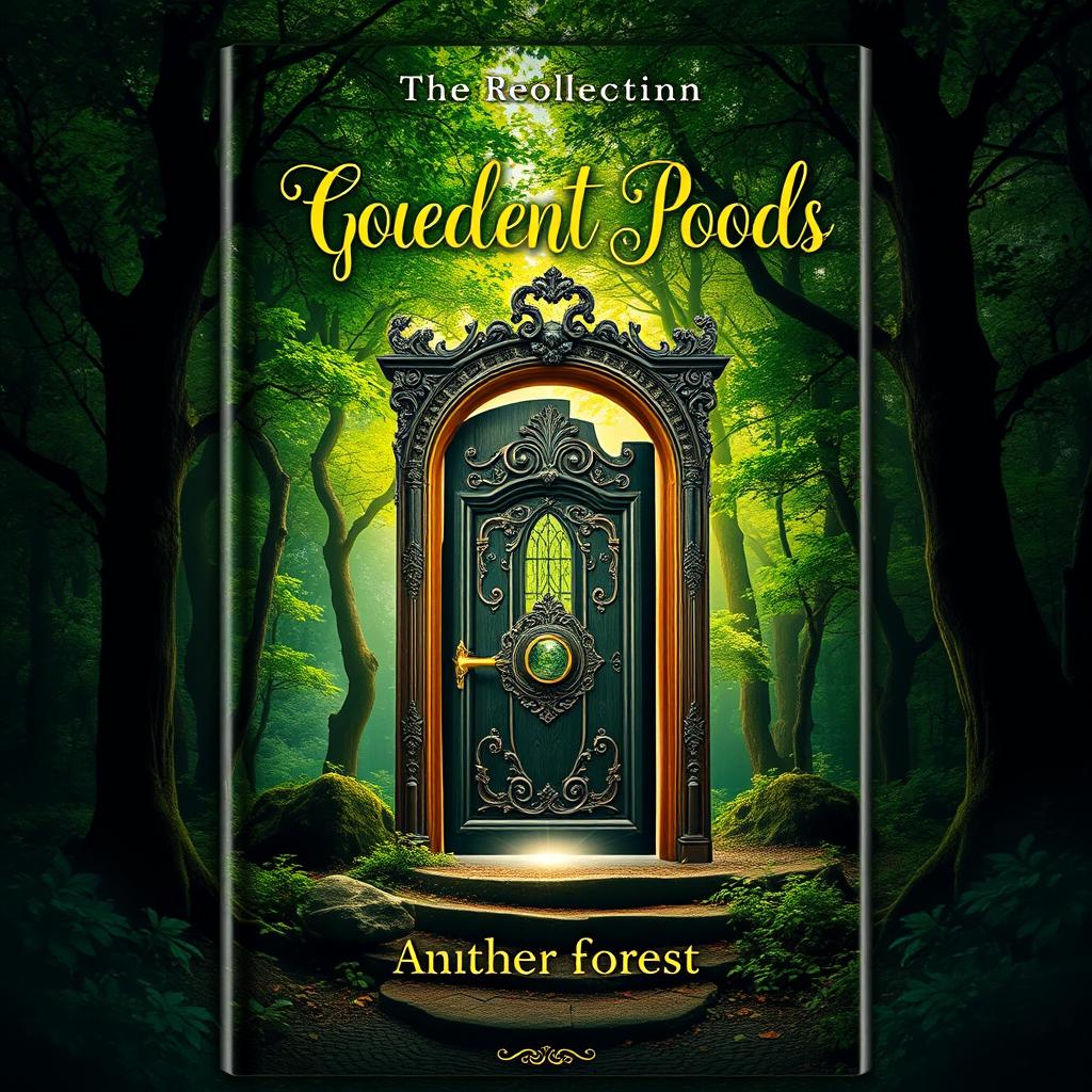 A stunning book cover design featuring an enchanted forest with vibrant green trees, dappled sunlight filtering through the leaves, and a mystical atmosphere