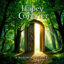 A stunning book cover design featuring an enchanted forest with vibrant green trees, dappled sunlight filtering through the leaves, and a mystical atmosphere