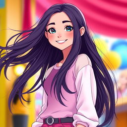 A tall, cute girl with long flowing hair and an attractive figure