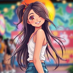 A tall, cute girl with long flowing hair and an attractive figure