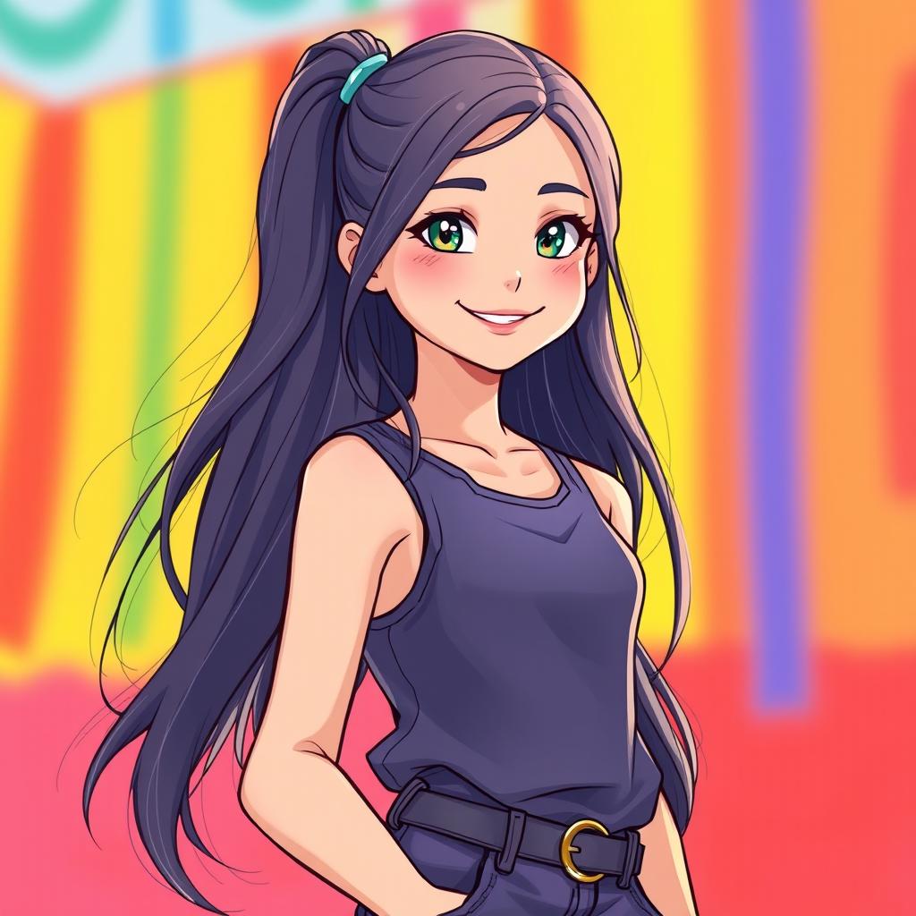 A tall, cute girl with long flowing hair and an attractive figure