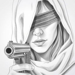 A detailed pencil drawing of a woman's face partially obscured by a hood that covers her head and neck, with her eyes blindfolded