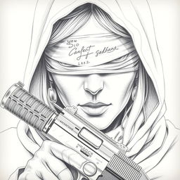 A detailed pencil drawing of a woman's face partially obscured by a hood that covers her head and neck, with her eyes blindfolded