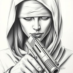 A detailed pencil drawing of a woman's face partially obscured by a hood that covers her head and neck, with her eyes blindfolded