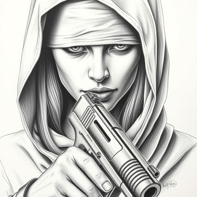 A detailed pencil drawing of a woman's face partially obscured by a hood that covers her head and neck, with her eyes blindfolded