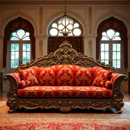 A lavish Mughal-style sofa, intricately designed with ornate carvings, featuring rich textiles in deep reds and golds